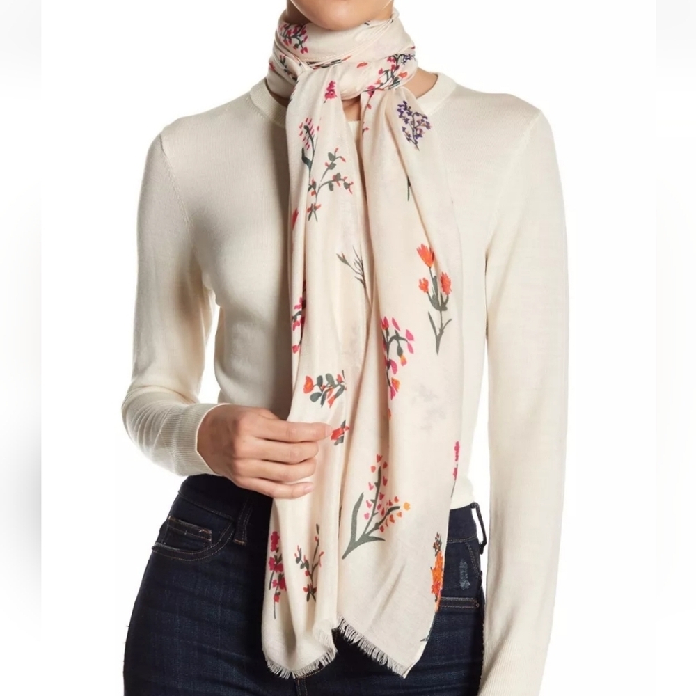 Rebecca Minkoff Scarf Shrug Wrap Shawl Whisper Pink Ivory Floral Flowers Fringe